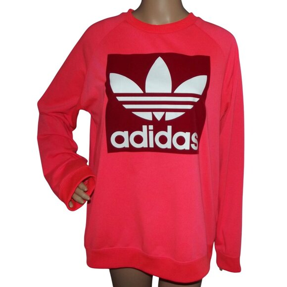 Adidas Sweatshirt Womens Size XL Neon Pink Coral red Trefoil crew neck - Picture 3 of 11